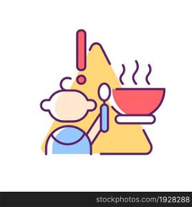 Child and hot food RGB color icon. Baby safety at home. While eating supervision required. Burn and injuries prevention. Infant security. Isolated vector illustration. Simple filled line drawing. Child and hot food RGB color icon