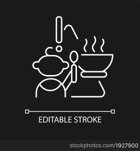 Child and hot food white linear icon for dark theme. While eating supervision required. Thin line customizable illustration. Isolated vector contour symbol for night mode. Editable stroke. Child and hot food white linear icon for dark theme