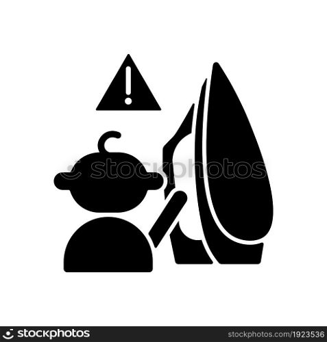 Child and hot iron black glyph icon. Baby safety at home. Skin injuries, burns prevention. Risk of thermal damage. Keep away from kids. Silhouette symbol on white space. Vector isolated illustration. Child and hot iron black glyph icon