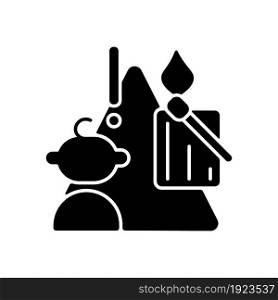 Child and matches and candles black glyph icon. Kid playing with matches. Do not let children play with candle flame. Fire prevention. Silhouette symbol on white space. Vector isolated illustration. Child and matches and candles black glyph icon