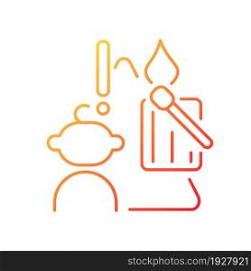Child and matches and candles gradient linear vector icon. Kid playing with matches. Fire prevention. Thin line color symbol. Modern style pictogram. Vector isolated outline drawing. Child and matches and candles gradient linear vector icon