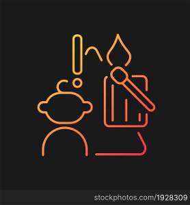 Child and matches and candles gradient vector icon for dark theme. Kid playing with matches. Fire prevention. Thin line color symbol. Modern style pictogram. Vector isolated outline drawing. Child and matches and candles gradient vector icon for dark theme