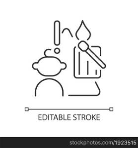 Child and matches and candles linear icon. Kid playing with matches. Fire prevention. Thin line customizable illustration. Contour symbol. Vector isolated outline drawing. Editable stroke. Child and matches and candles linear icon