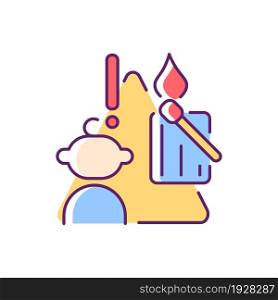 Child and matches and candles RGB color icon. Kid playing with matches. Do not let children play with candle flame. Fire prevention. Isolated vector illustration. Simple filled line drawing. Child and matches and candles RGB color icon