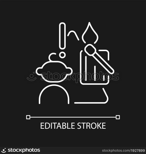 Child and matches and candles white linear icon for dark theme. Kid playing with matches. Thin line customizable illustration. Isolated vector contour symbol for night mode. Editable stroke. Child and matches and candles white linear icon for dark theme