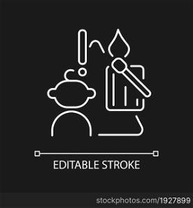 Child and matches and candles white linear icon for dark theme. Kid playing with matches. Thin line customizable illustration. Isolated vector contour symbol for night mode. Editable stroke. Child and matches and candles white linear icon for dark theme