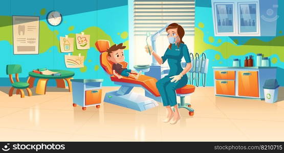 Child at dentist office. Little boy patient at dental clinic for kids, female doctor in medic robe and mask sitting at chair with mirror for teeth and oral cavity checkup. Cartoon vector illustration. Child patient at dentist office or dental clinic