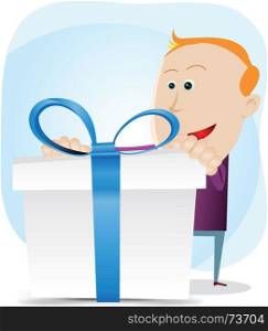 Child Birthday. Illustration of an amazed little boy holding a gift box with blue ribbons