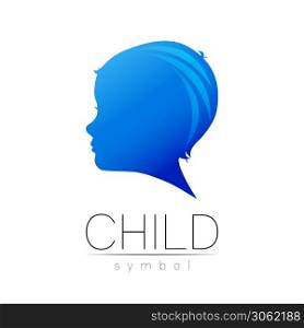 Child blue logotype in vector. Silhouette profile human head. Concept logo for people, children, autism, kids, therapy, clinic, education. Template symbol, modern design isolated on white background.. Child blue logotype in vector. Silhouette profile human head. Concept logo for people, children, autism, kids, therapy, clinic, education. Template symbol, modern design isolated on white background