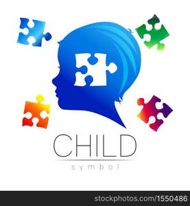 Child blue logotype with few puzzle in vector. Silhouette profile human head. Concept logo for people, children, autism, kids, therapy, clinic, education. Template symbol, modern design on white.. Child blue logotype with few puzzle in vector. Silhouette profile human head. Concept logo for people, children, autism, kids, therapy, clinic, education. Template symbol, modern design on white