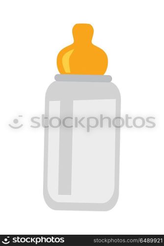 Child Bottle with Nipple Isolated on White. Child bottle with nipple isolated on white. Child drink device in flat design style. Favourite drinking bowl of the little toddler. Drinker of the kid. Trough bottle. Vector illustration.