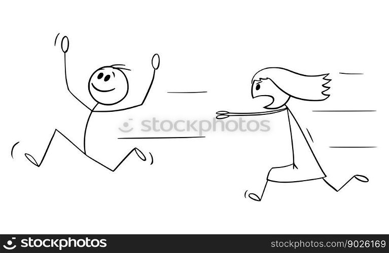 Child boy running away from chasing girl, vector cartoon stick figure or character illustration.. Child Girl Chasing Boy , Vector Cartoon Stick Figure Illustration