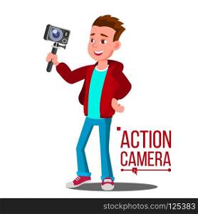 Child Boy With Action Camera Vector. Self Video, Portrait. Shooting Process. Cartoon Illustration. Child Boy With Action Camera Vector. Self Video, Portrait. Shooting Process. Isolated Cartoon Illustration