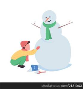 Child building snowman semi flat color vector character. Moving figure. Full body person on white. Winter activity isolated modern cartoon style illustration for graphic design and animation. Child building snowman semi flat color vector character