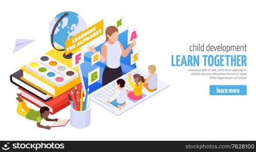 Child care development home study isometric web banner with kindergarten online abc distant learning course vector illustration