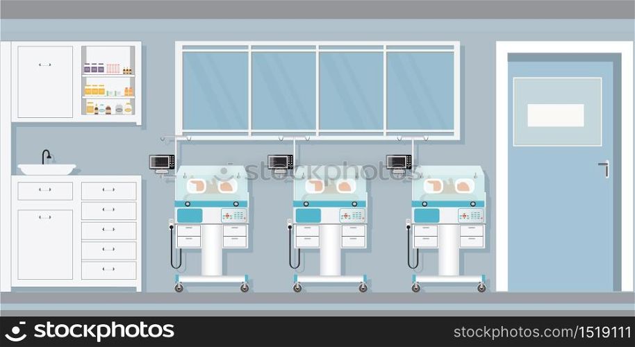 Child care newborn baby inside infant incubators in the hospital, vector illustration.