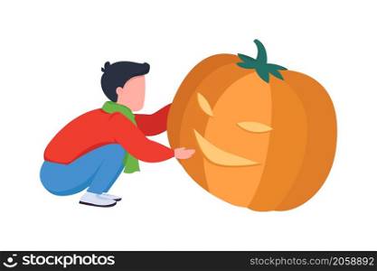 Child carving pumpking semi flat color vector character. Dynamic figure. Full body person on white. Kid having fun isolated modern cartoon style illustration for graphic design and animation. Child carving pumpking semi flat color vector character
