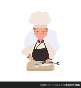 Child Chef Prepares Mackerel Fish. Cute young chef Cooking Mackerel Fish with Joy