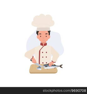 Child Chef Prepares Mackerel Fish. Cute young chef Cooking Mackerel Fish with Joy