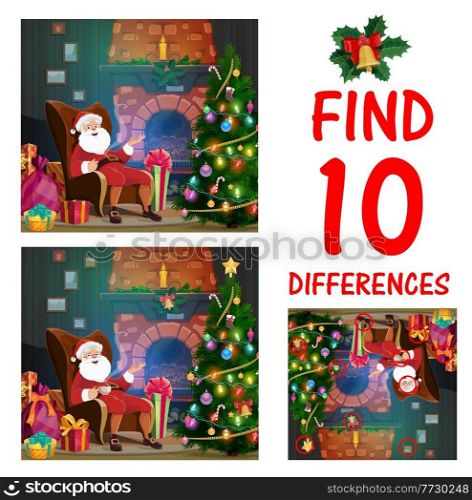 Child Christmas maze with find differences task. Children game, playing activity for kids with Santa character sitting with cup of tea in home living room, fireplace and Christmas tree cartoon vector. Child Christmas maze with find differences task