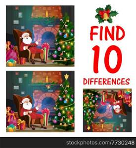 Child Christmas maze with find differences task. Children game, playing activity for kids with Santa character sitting with cup of tea in home living room, fireplace and Christmas tree cartoon vector. Child Christmas maze with find differences task