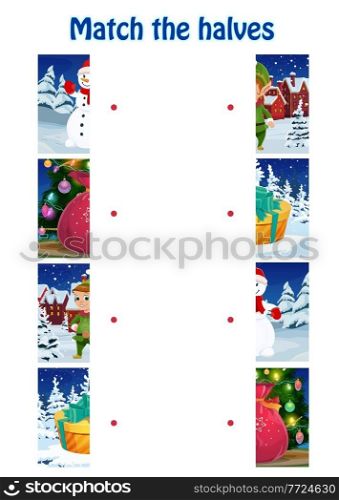 Child Christmas puzzle, kids match halves game. Children logical riddle, playing activity with matching task. Snowman, elf and gifts, Santa sack with presents and Christmas tree cartoon vector. Child Christmas puzzle, kids match halves game