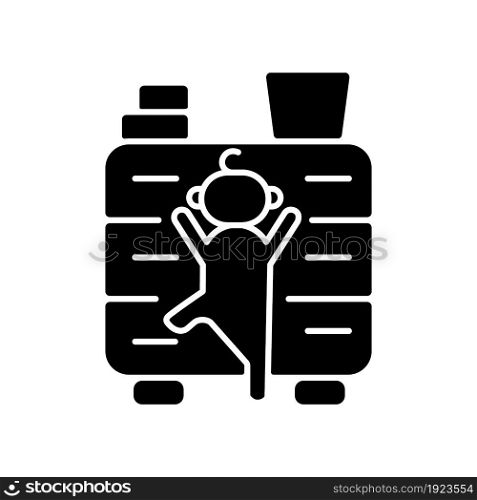 Child climbing on furniture black glyph icon. Child safety at home. Risk of concussion and broken limb. Accident precaution. Silhouette symbol on white space. Vector isolated illustration. Child climbing on furniture black glyph icon