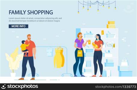 Child Clothing Online Shop, Women Fashion Store Web Banner, Landing Page Template. Parents with Children Choosing and Buying Goods, Saleswoman Helping Family in Store Trendy Flat Vector Illustration