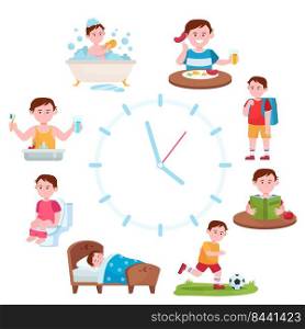 Child daily routine clocks flat vector illustration. Cartoon schedule of happy boy life from eating breakfast, going school to sleeping. Health and activity concept