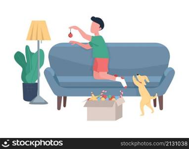 Child decorating living room for xmas semi flat color vector character. Full body people on white. Wintertime activity isolated modern cartoon style illustration for graphic design and animation. Child decorating living room for xmas semi flat color vector character