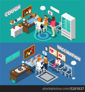 Child Diseases Isometric Banners. Isometric horizontal banners with child diseases including cough and vaccination pediatricians kids interior elements isolated vector illustration