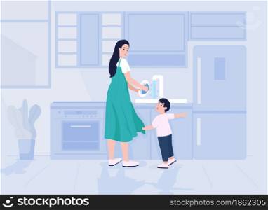 Child distracts mother flat color vector illustration. Mom busy doing housework. Toddler demands attention from parent. Family 2D cartoon characters with kitchen interior on background. Child distracts mother flat color vector illustration