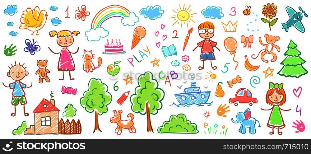 Child drawings. Kids doodle paintings, children crayon drawing and hand drawn kid elephant, house and trees pastel pencil doodle vector illustration. Child drawings. Kids doodle paintings, children crayon drawing and hand drawn kid vector illustration