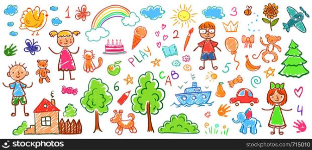 Child drawings. Kids doodle paintings, children crayon drawing and hand drawn kid elephant, house and trees pastel pencil doodle vector illustration. Child drawings. Kids doodle paintings, children crayon drawing and hand drawn kid vector illustration