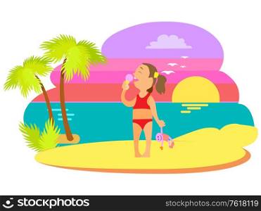 Child eating ice-cream on beach, girl in red swimsuit holding toy, sunset and ocean view with flying birds, palm trees, summertime vacation vector. Girl in Swimsuit Eating Ice-cream, Summer Vector