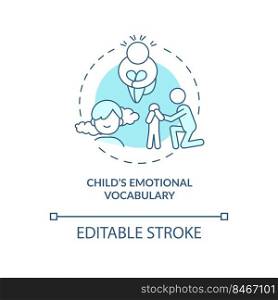 Child emotional vocabulary turquoise concept icon. Emotional regulation of children abstract idea thin line illustration. Isolated outline drawing. Editable stroke. Arial, Myriad Pro-Bold fonts used. Child emotional vocabulary turquoise concept icon