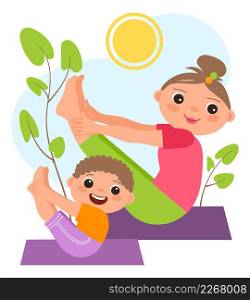 Child exercising with mom. Outdoor family workout concept isolated on white background. Child exercising with mom. Outdoor family workout concept