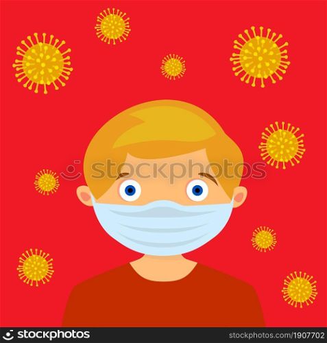 child face in respiratory protective mask and coronavirus cell disease. Coronavirus flu. Dangerous cases of flu. Medical health risk. vector illustration in flat design. child face in respiratory protective mask
