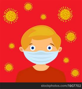 child face in respiratory protective mask and coronavirus cell disease. Coronavirus flu. Dangerous cases of flu. Medical health risk. vector illustration in flat design. child face in respiratory protective mask