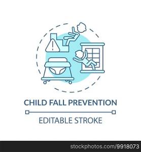 Child fall prevention turquoise concept icon. Kid trauma, injury precaution. Children protection. Child safety idea thin line illustration. Vector isolated outline RGB color drawing. Editable stroke. Child fall prevention turquoise concept icon