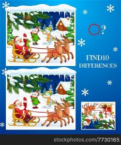 Child find differences maze with Christmas characters. Santa riding sleigh with reindeer, polar bear and snowman kids cartoon vector. Children winter holiday game with picture details comparing task. Kids find differences Christmas maze with Santa