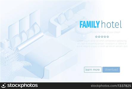 Child Friendly Booking Online Hotel Room Concept. Comfortable Cozy Modern Apartment Bedroom Isometric Vector Illustration. Family Holiday Vacation Trip Tourism Travel Reservation Service Landing Page. Child Friendly Booking Hotel Room Landing Page