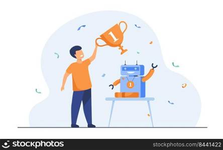Child getting award for robot flat vector illustration. Cartoon young winner holding golden cup. Programming and school competition concept