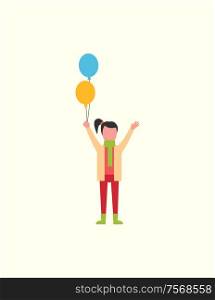 Child girl happy with decorative balloons in hands vector. Childhood of kid in good mood, female playing outdoors with toys. Cheerful young person. Child Girl Happy with Decorative Balloons in Hands