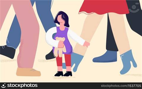 Child girl in adults world vector flat illustration. Cute cartoon kid get lost surrounded by huge human legs isolated on white. Concept of overcoming difficulties, adoption, helpless and loneliness. Child girl in adults world vector flat illustration. Concept of overcoming difficulties