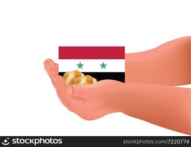 child hands held out bread and flag of Syria. child hands held out bread and flag of Syria child hands held out bread and flag of Syria