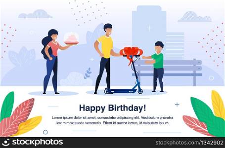 Child Happy Birthday Celebration Trendy Flat Vector Banner, Poster Template. Parents Greeting Preschooler Kid with Birthday, Father Giving Scooter to Son, Mother Holding Holiday Cake Illustration