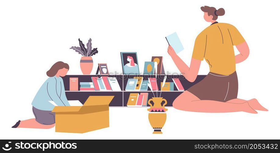 Child helping mom to clean and arrange documents and books on shelves. Mother and kid, household chores indoors. Mommy and daughter in living room, unboxing during moving in. Vector in flat style. Household chores, kid helping mom to clean vector