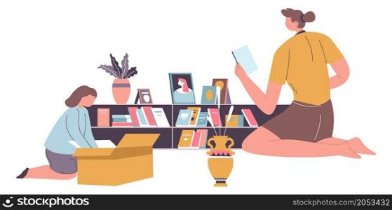 Child helping mom to clean and arrange documents and books on shelves. Mother and kid, household chores indoors. Mommy and daughter in living room, unboxing during moving in. Vector in flat style. Household chores, kid helping mom to clean vector