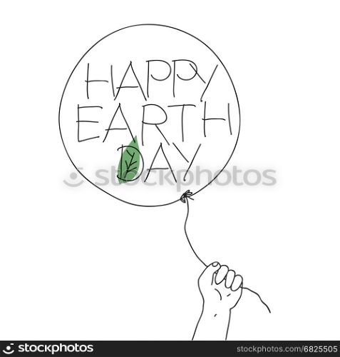 "Child hold the thread of balloon with "Happy Earth Day"greeting text and leaf sign. Vector illustration of outline sketch with hand-drawn text and green leaf on balloon. Abstract greeting card, isolated on white background."